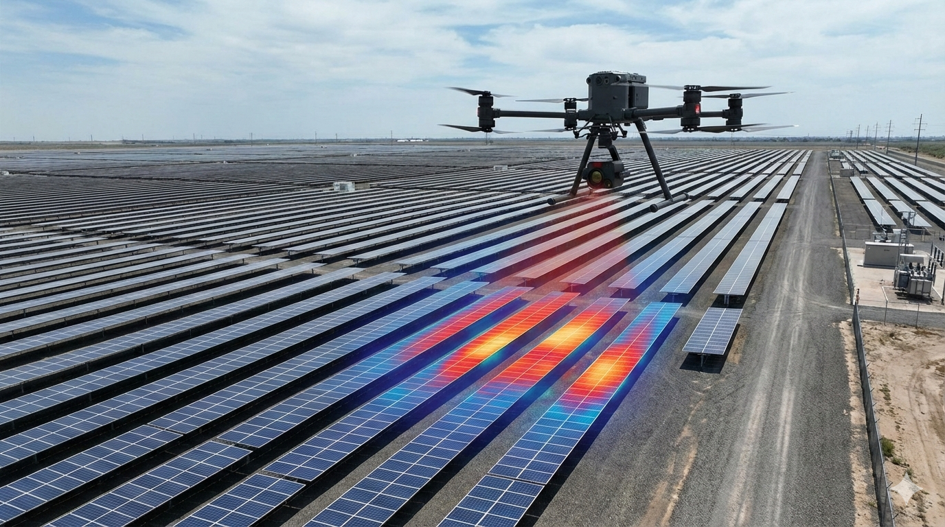 Drone inspecting solar panels with thermal imaging