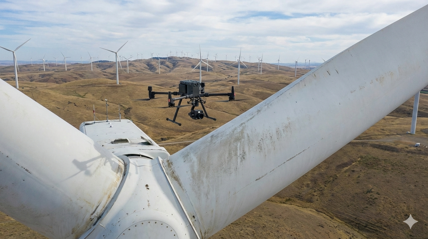 Drone inspecting wind turbine blades