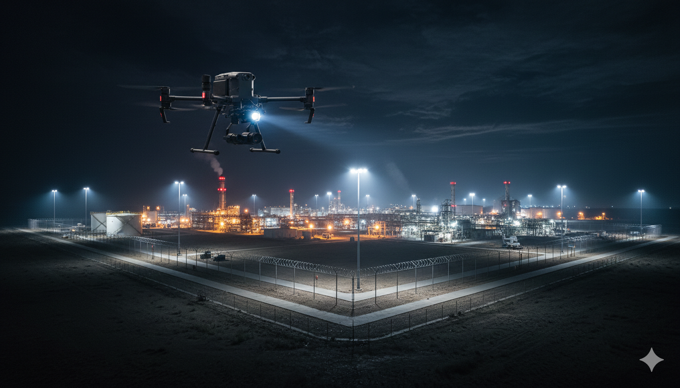 Drone monitoring industrial infrastructure at night