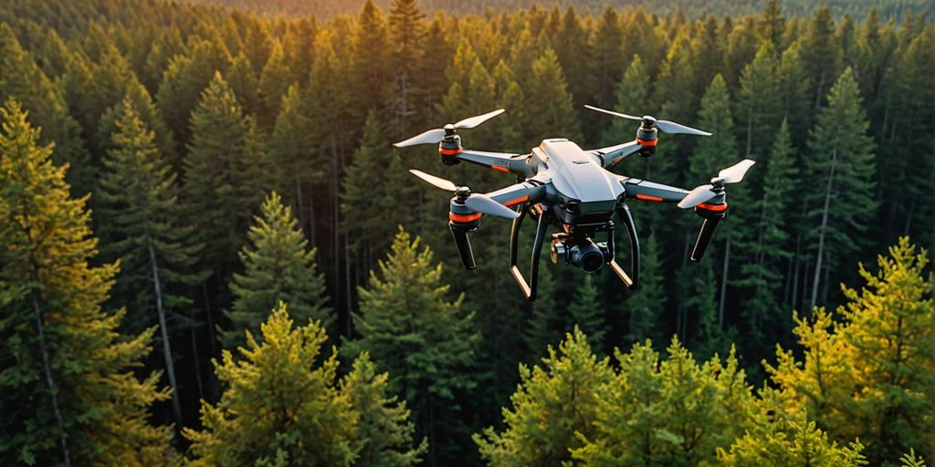 Drone with thermal camera flying over forest at sunset