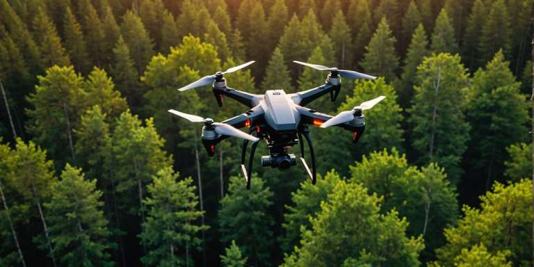 Drone with thermal camera over forest at sunset