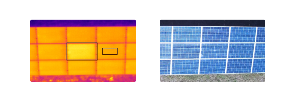 A thermal image showing hot spots on solar panels